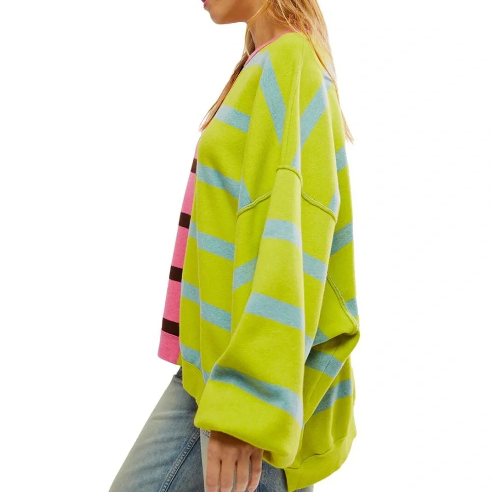 NWT Free People Uptown Stripped Pullover in Aura Lime Combo size S